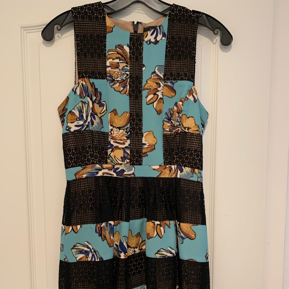 BCBG Maxazria floral print dress with lace.